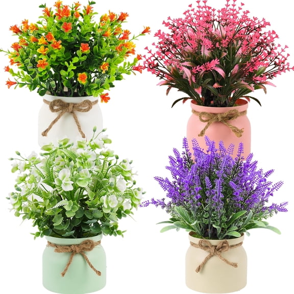 Fake Potted Plants -4sets Artificial Potted Flowers Faux Plants Lavender in Macaron Pot Plastic Flowers Bonsai for Indoor Outdoor Home Kitchen Office Desktop Wedding Decor