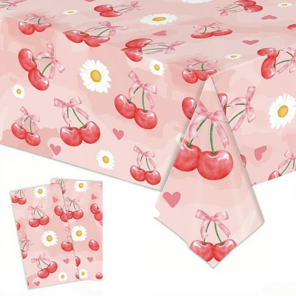 Cherry Tablecloths 2pcs Cherry and Bows Birthday Decorations for Themed Party 54 X 108 Inch
