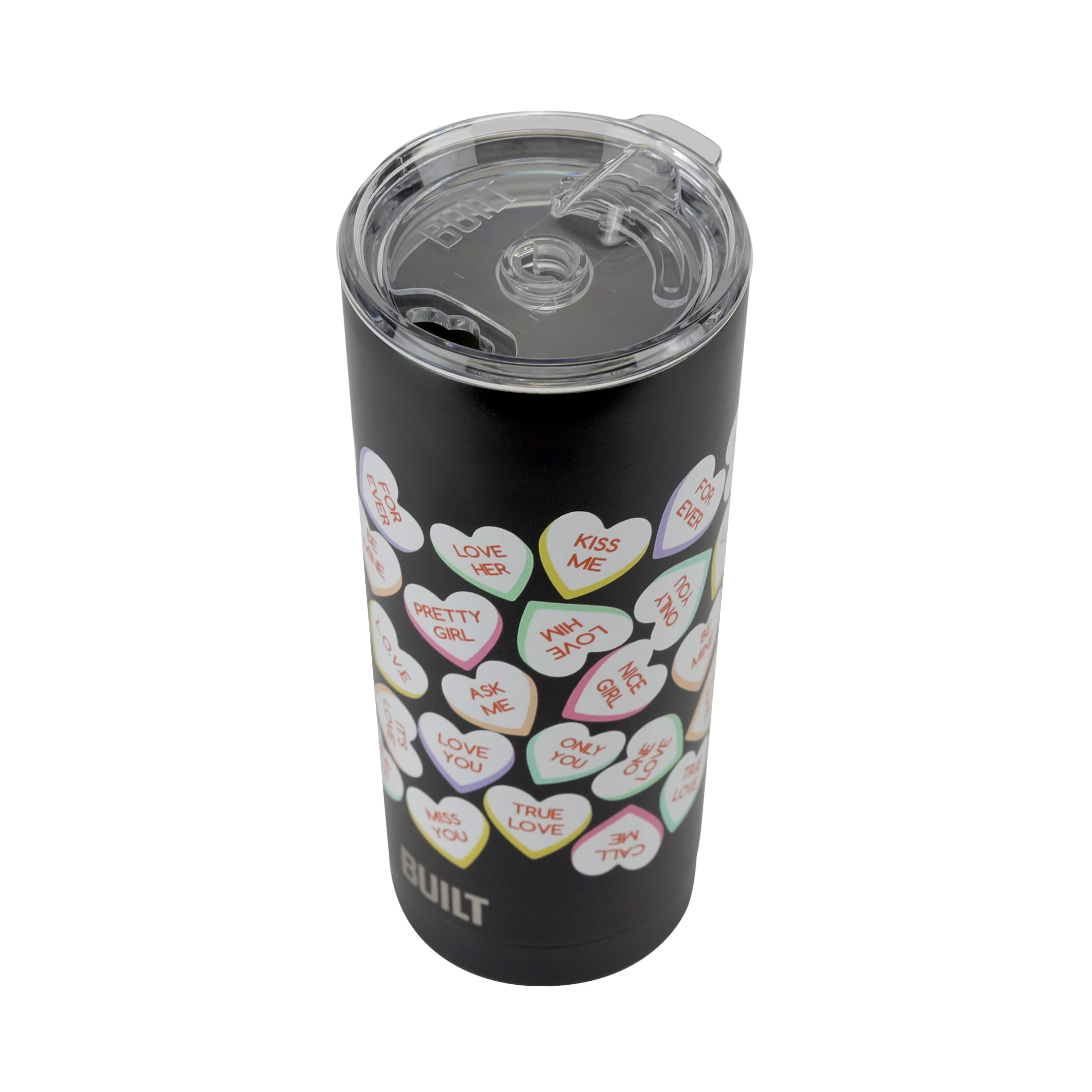 BUILT Valentine's Day Insulated Stainless Steel 20 oz Tumbler Black Conversation Hearts