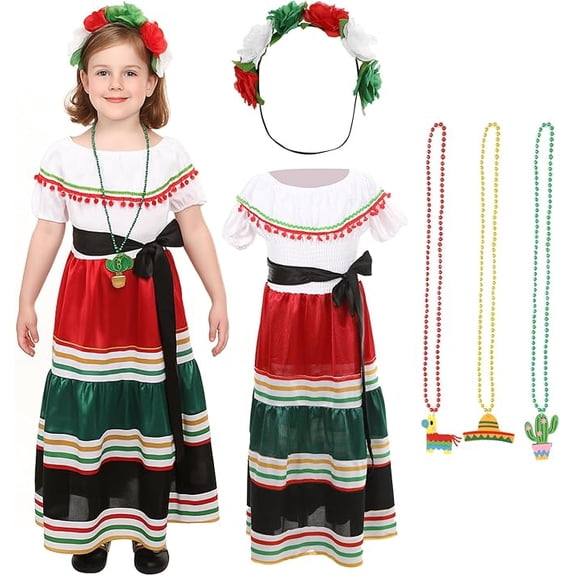 3PCS Traditional Mexican Dress for Girls, Folklorico Dance Fiesta Dress Outfit for Masquerade Party Props