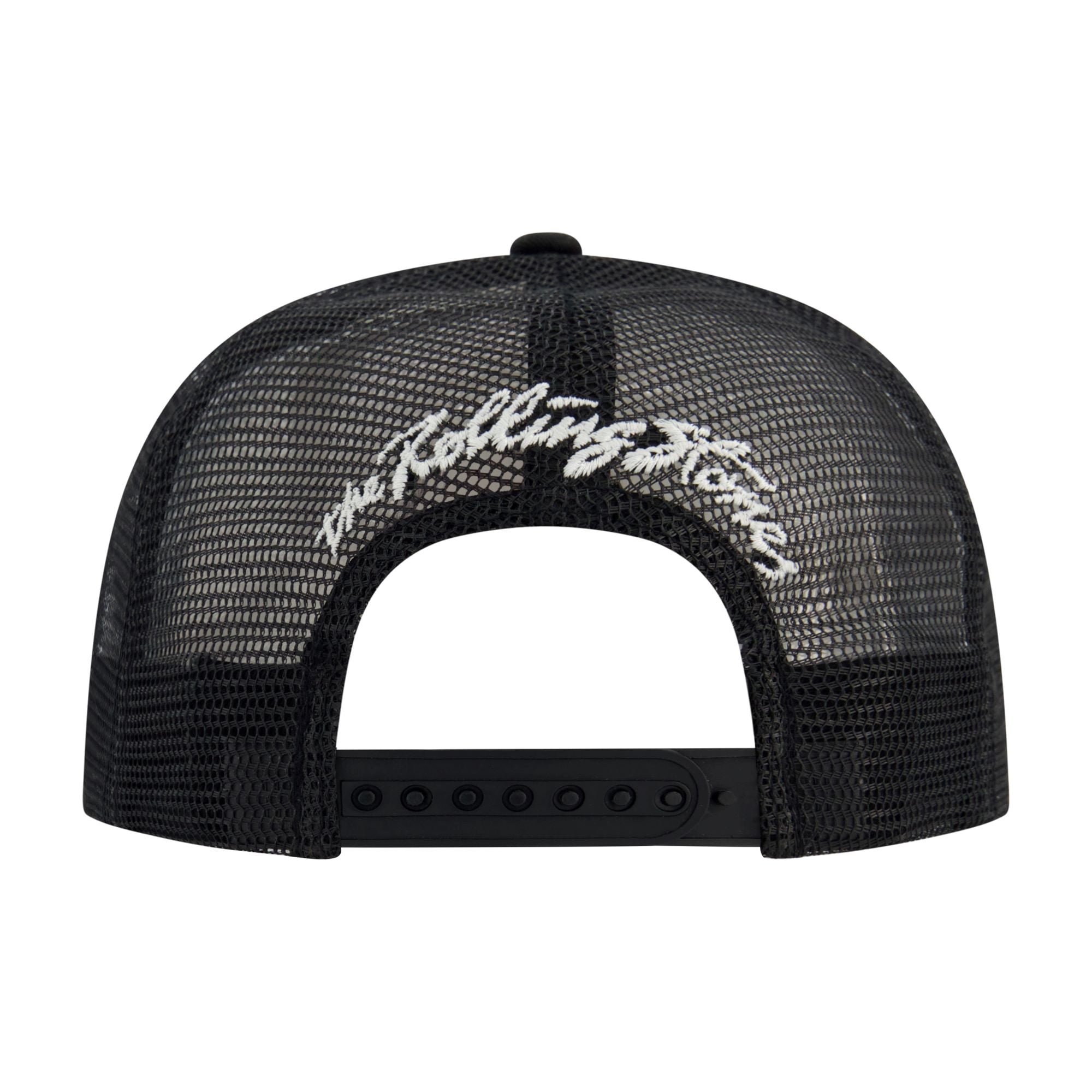 Mens Rolling Stones Trucker-Style Snapback Hat, Classic Logo on White Crown, Black Bill, OSFM