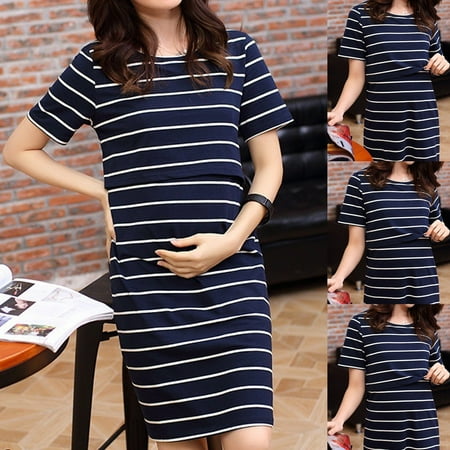 

Maternity Dress Summer Women O-Neck Pregnant Nursing Maternity Short Sleeve Stripe Summer Dress