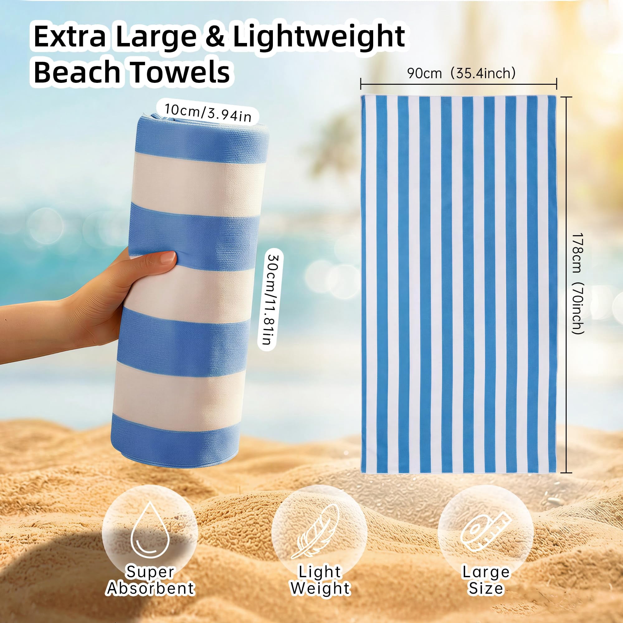 JOYMOOP 6-Pack Microfiber Beach Towel Set – 70" x 35.4" Ultra-Absorbent Beach Towels Oversized, Sand-Free & Portable, Quick-Dry Cabana Stripe Towels with Travel Storage Bags (Mixed Color)