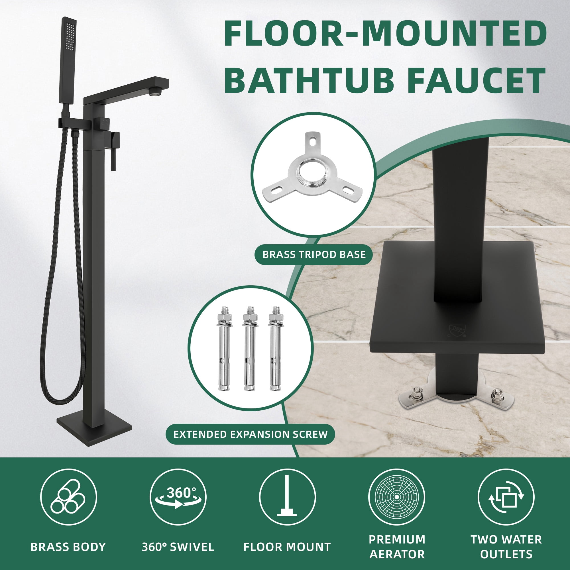Free Standing Tub Faucet, 360°Swivel High Flow Freestanding Bathtub Faucet with Handheld Shower, Brass Body Tub Filler for Modern Bathroom, Matte Black