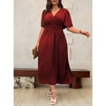 thumbnail image 5 of Plus Size Womens Burgundy Solid V-Neck Wrap Short Sleeve Midi Dress, 5 of 6