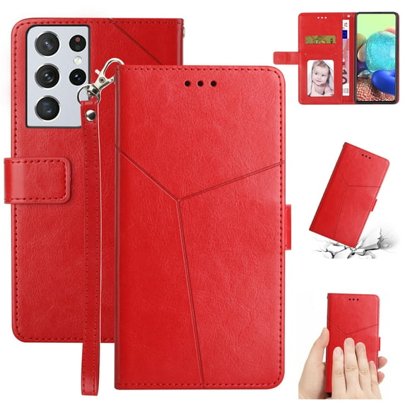 TECH CIRCLE Wallet Case for Samsung Galaxy S23 Ultra,Folio Fold Stand Case with Card Holders Slim Light Weight Synthetic Leather Protective Wallet Simple Cover for Samsung Galaxy S23 Ultra,Red