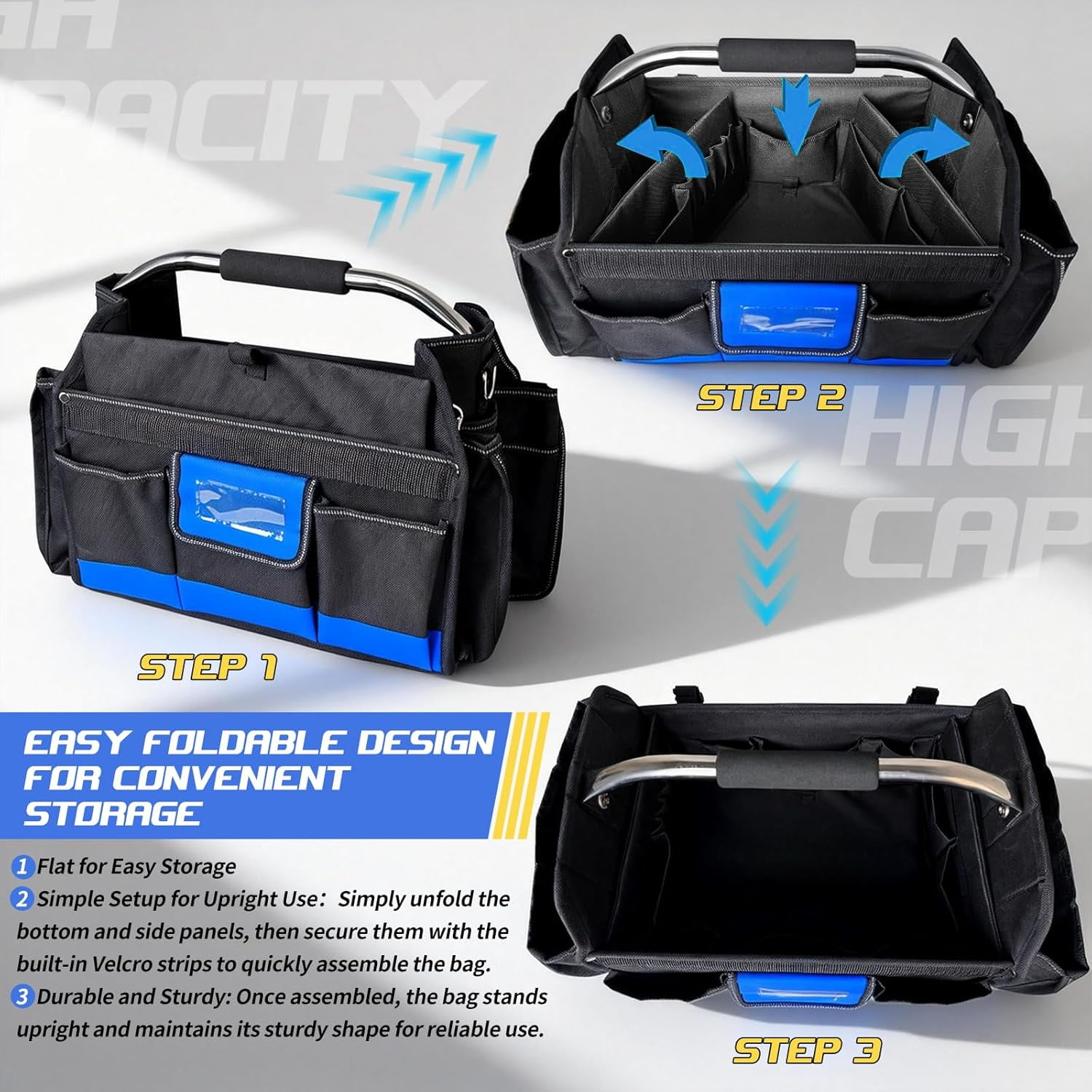 18 Inch Open Top Tool Bag, Tool Bags for Men with 30 Pockets, 1680D Waterproof Fabric, Foldable Electrician Tool Bag with Rotating Handle, Reflective Tool Organizer for Men, Blue