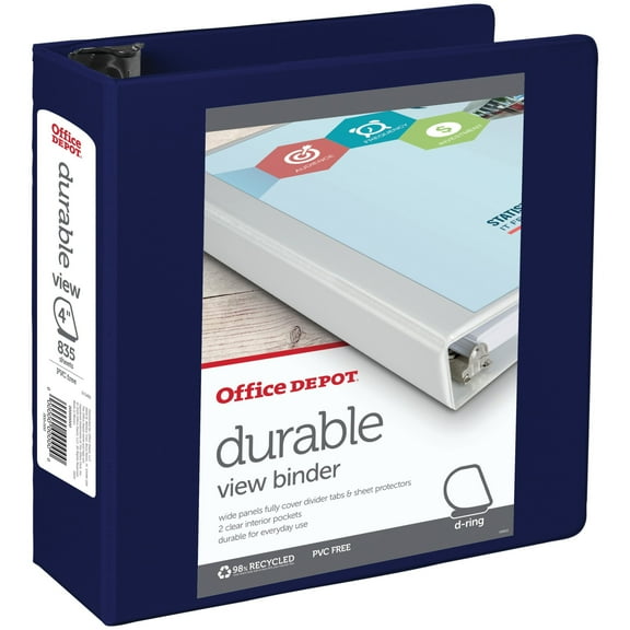 Office Depot Brand Durable D-Ring View Binder, 4" Rings, 60% Recycled, Blue