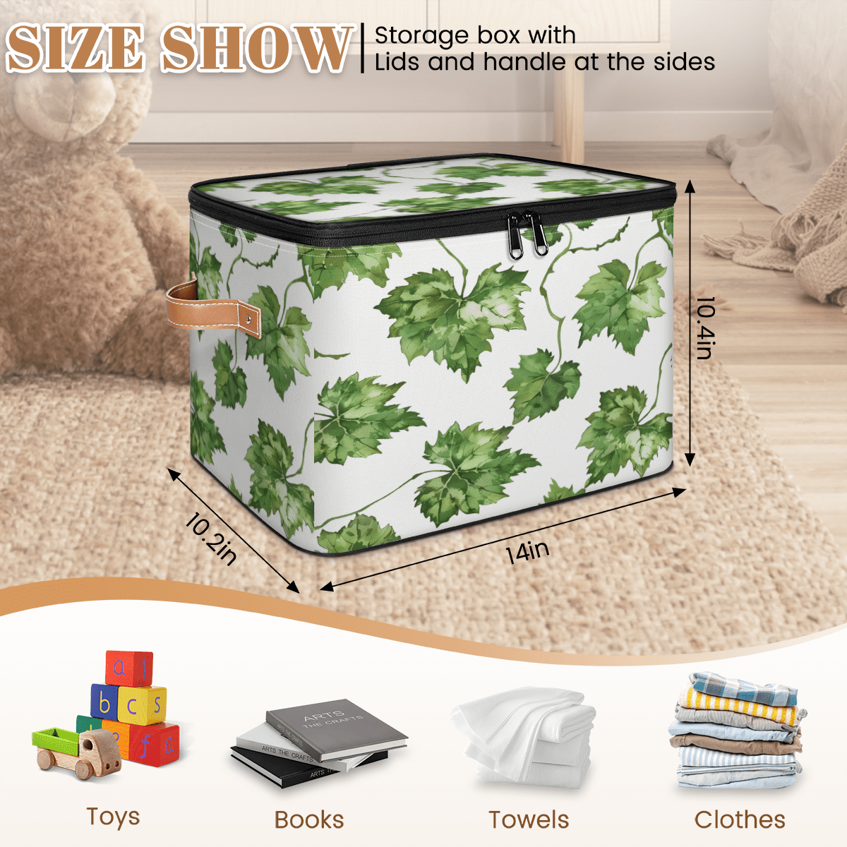 CURLYOOT Grapes Leaves Fabric Storage Bins with Lids, Watercolor Plant Leaves Foldable Storage Boxes Washable Storage Cube, Closet Bedroom Home Organizer Containers with PU Leather Handles