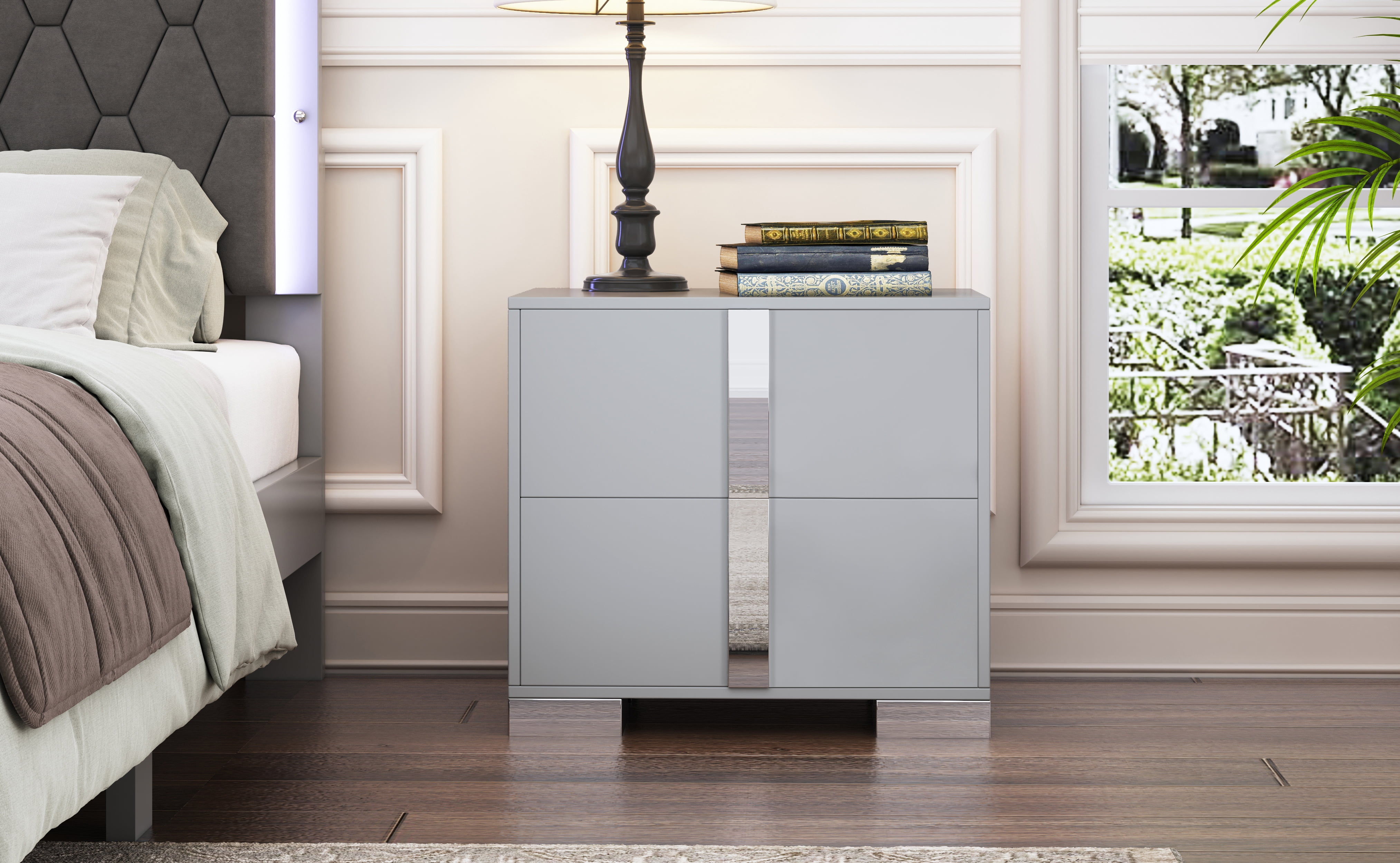 Euroco Wooden Nightstand with 2 Drawers & Metal Foot,Mirrored Bedside Table for Bedroom, Living Room,Gray