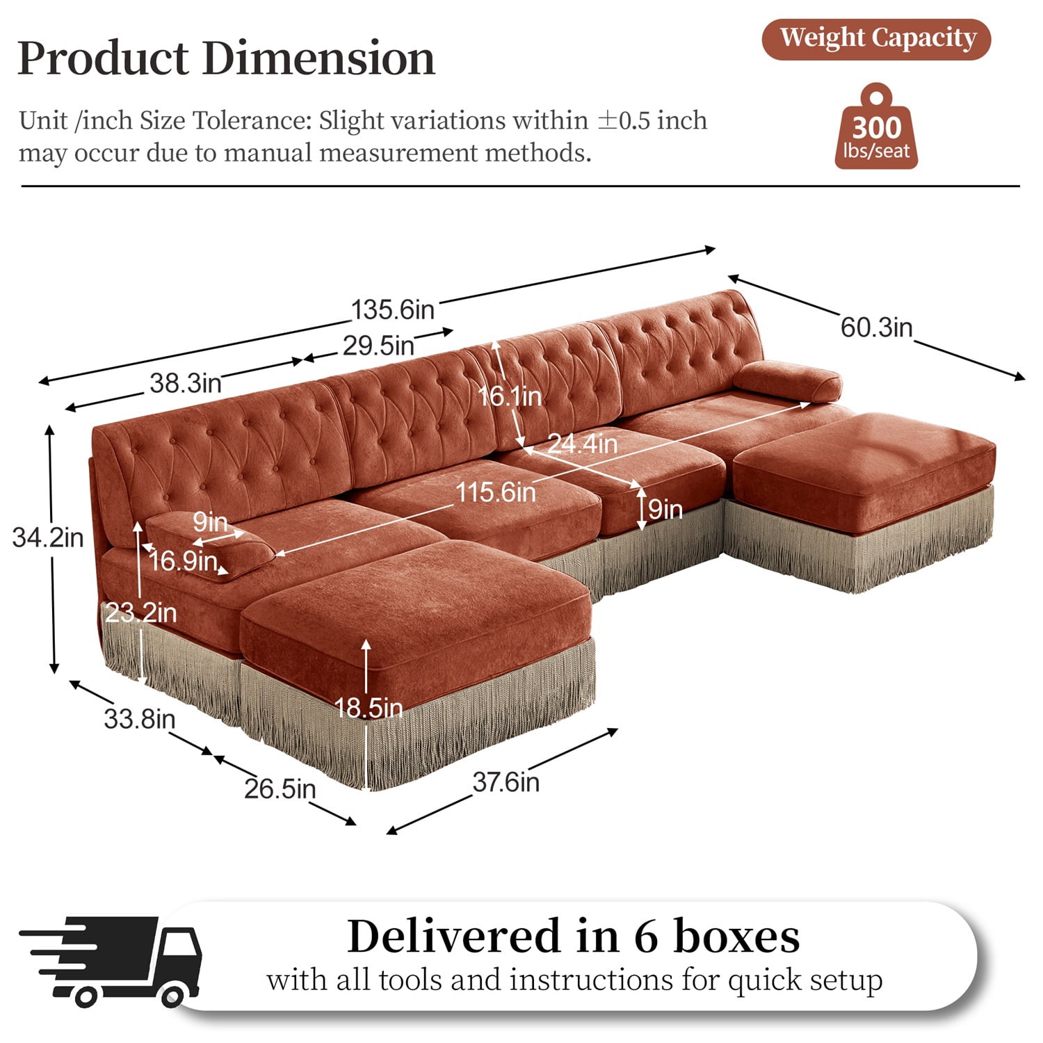 Hommoo 4-Seater Chesterfield Style Velvet Fabric U-Shaped Sectional Sofa with 2 Ottomans, Upholstered Design and Floor-grazing Tassel, Free Combination Sofa Couch Set, for Home, Red Brown