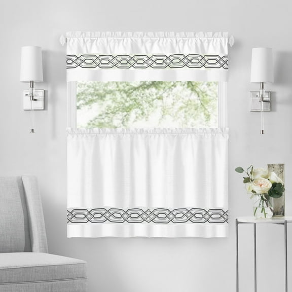 Kate Aurora Pacifico Complete 3 Piece Rod Pocket Embroidered Tier & Valance Kitchen Curtain Set - Assorted Colors & Sizes