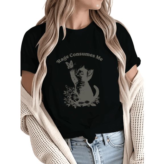 Women Rage Consumes Me Kitten Butterfly Graphic Fun Tees Tops Round Neck Cotton T-Shirt Black S-5XL