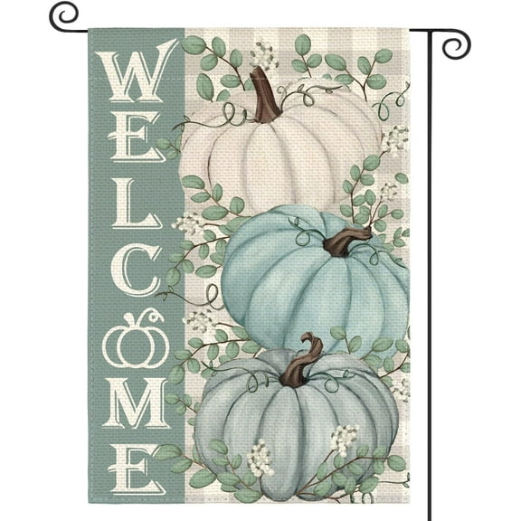 Shmbada Fall Pumpkins Garden Flag 12x18 Inch Welcome Double Sided, Eucalyptus Thanksgiving Autumn Harvest Yard Outdoor Decoration