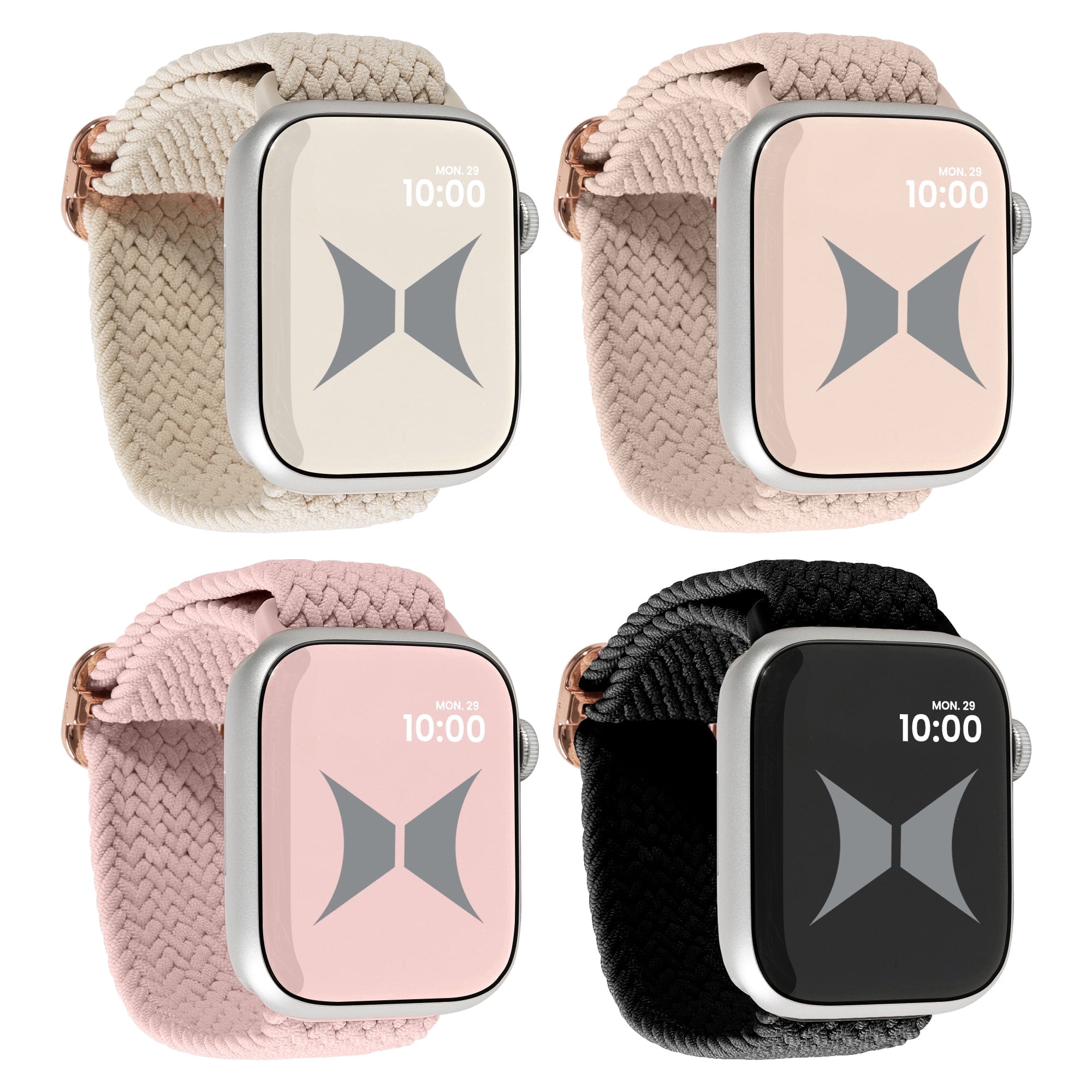 Xtreme Unisex Nylon Braided Elastic Watch Band 4-Pack, Large, Breathable, Adjustable, 42/44/45/49mm, Compatible with Apple Watch, For Women/Men, Milk Tea/Starlight/Nude Pink/Blue Gray