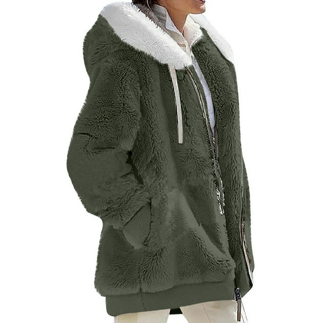 Innerwin Outwear Open Front Women Hooded Cardigan Winter Solid Color Warm Fuzzy Fleece Jacket Army Green M