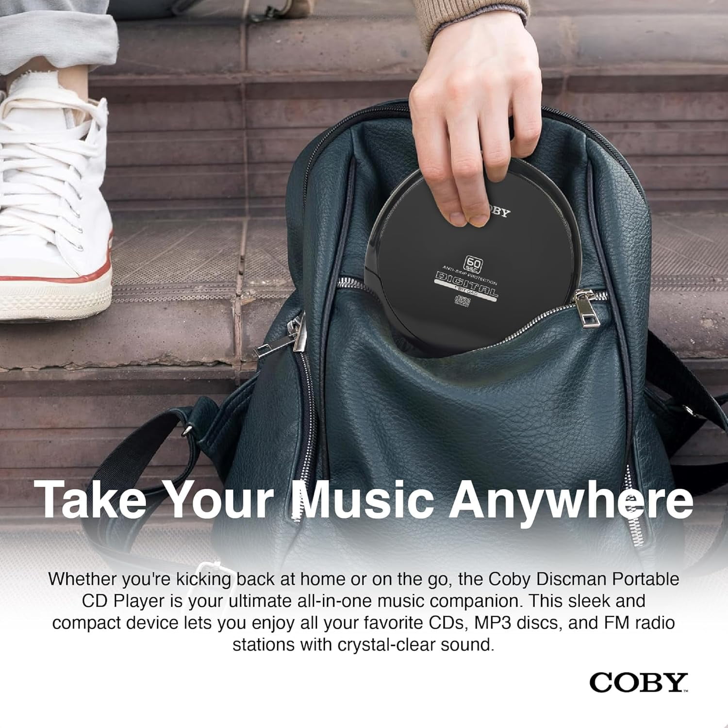 Coby Portable MP3 Compatibility, Built-In FM Radio, 60s Anti-Skip CD Player with Stereo Earbuds