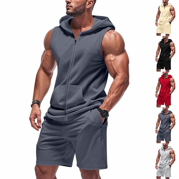 Laqbezok Men's 2-Piece Athletic Set, Sleeveless Full-Zip Hooded Vest and Shorts Outfit, Muscle Fit Gym Workout Tracksuit with Pockets
