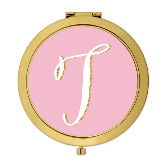 Koyal Wholesale Gold Compact Mirror Bridesmaid's Wedding Gift, Blush Pink Faux Gold Glitter, Monogram Letter T, 1-Pack