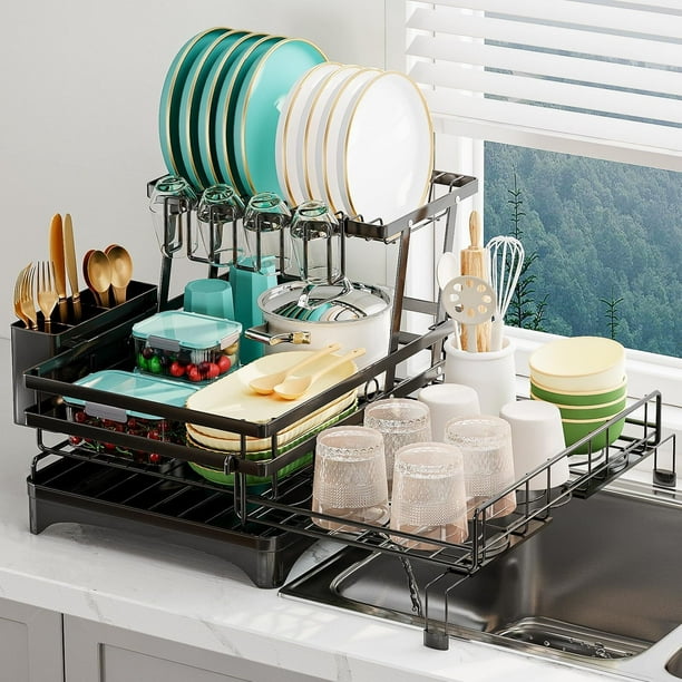 2 Niveles Escurridor de Trastes sobre Fregadero, Sistema de Drenaje Automático, Escalable escurridor de Platos(30.5-57.5cm W) X(42-54cm D) con Portavasos, Escurridor de Trastes Acero Inoxidable
