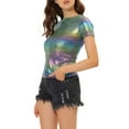 thumbnail image 4 of INSPIRE CHIC Women's Metallic Textured Short Sleeve Shiny Party Tops XS Green, 4 of 7