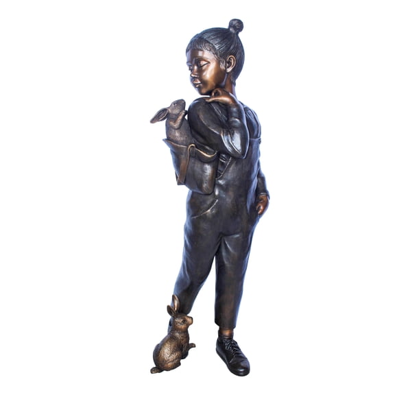 Nifao Girl with Two Bunnies in Nature Bronze Statue, Delightful Decor – Home Office Decor Sculpture, 17"L x 13"W x 44"H