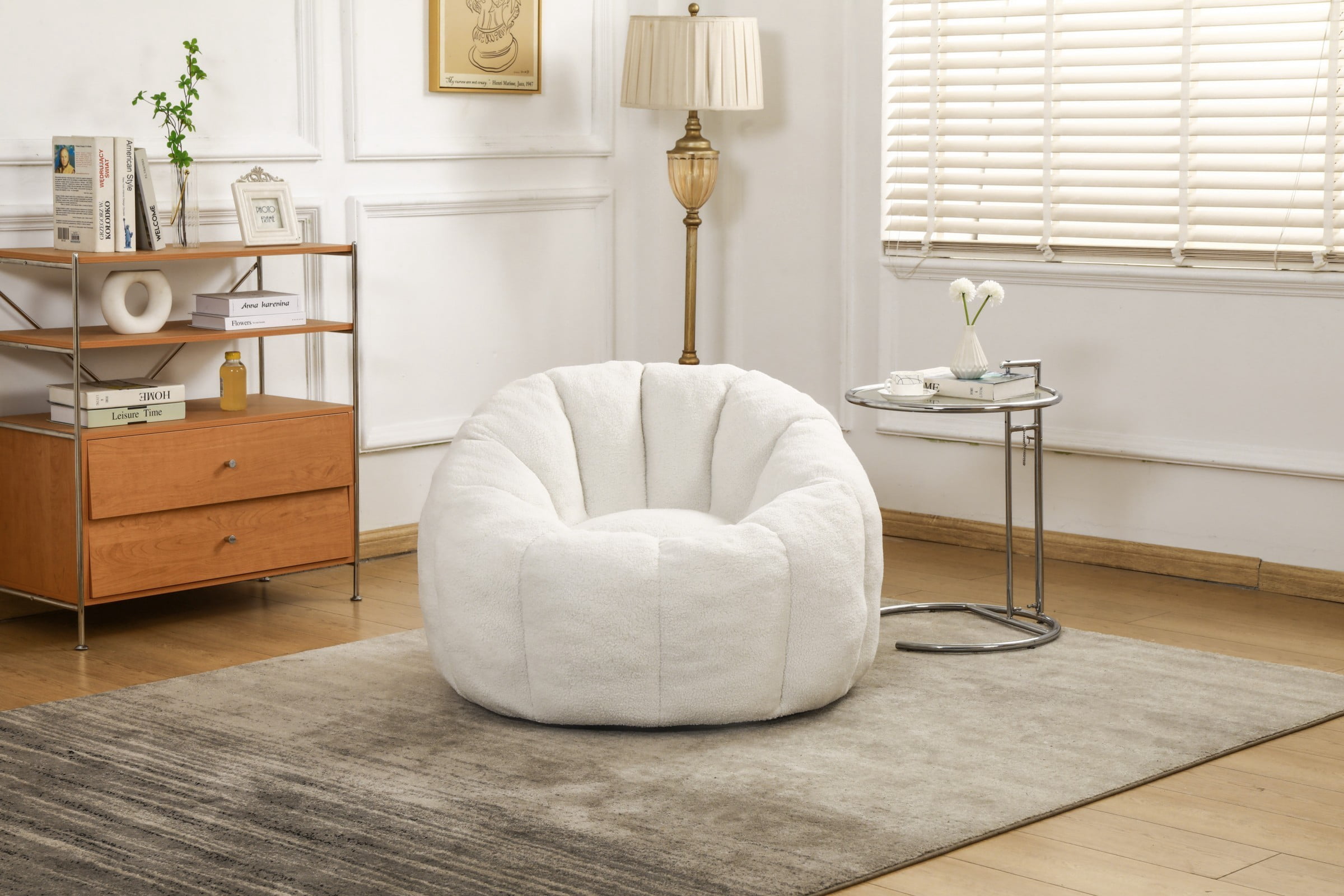 Bean Bag Chair for Adults, Faux Fur Memory Foam Bean Bag Sofa with Armrests, Fluffy Lazy Chair for Living Room Bedroom, White