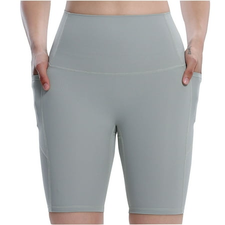 DeHolifer Women s Yoga Shorts High Waist Tummy Control Solid Color Casual Sports Gym Shorts with Pocket Green L