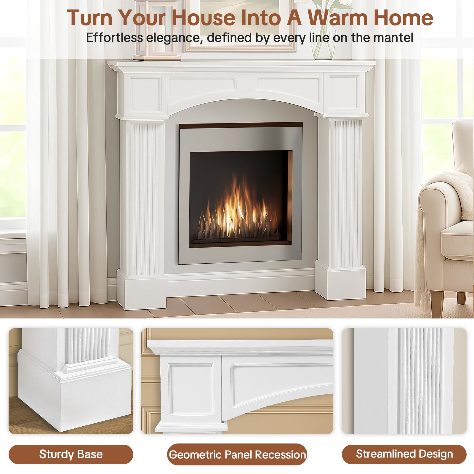 OUINCH 43.3" Fireplace Mantel, Freestanding Fireplace Surround with Leg for Electric Fireplaces, MDF Mantel Surround with Shelf for Living Room with Decorative Pattern, Anti-Tipping & Waterproof