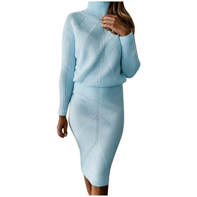 JHLZHS Robes de Demoiselle d'Hiver et Robe d'Hiver Col Roulé Tricoté Couleur Unie Ensemble Chandail Jupe Robe Violette pour Femme Robe Jaune Femmes