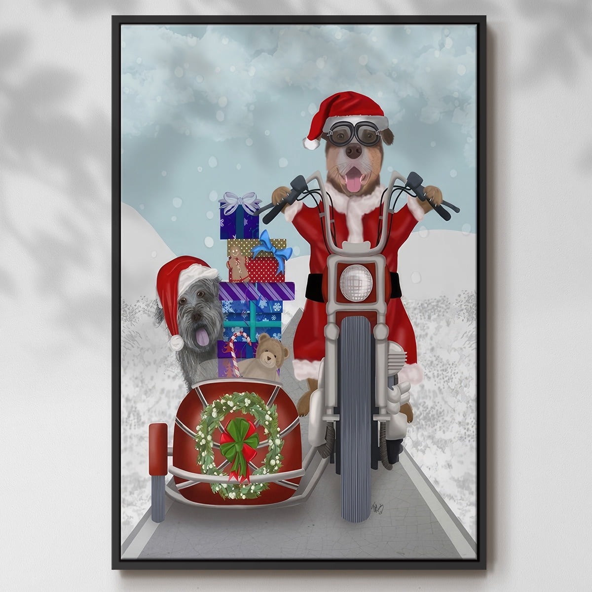 Christmas Mutts Christmas Chopper - Framed Gallery Wrapped Holiday Canvas - 27 x 41 - Black Frame