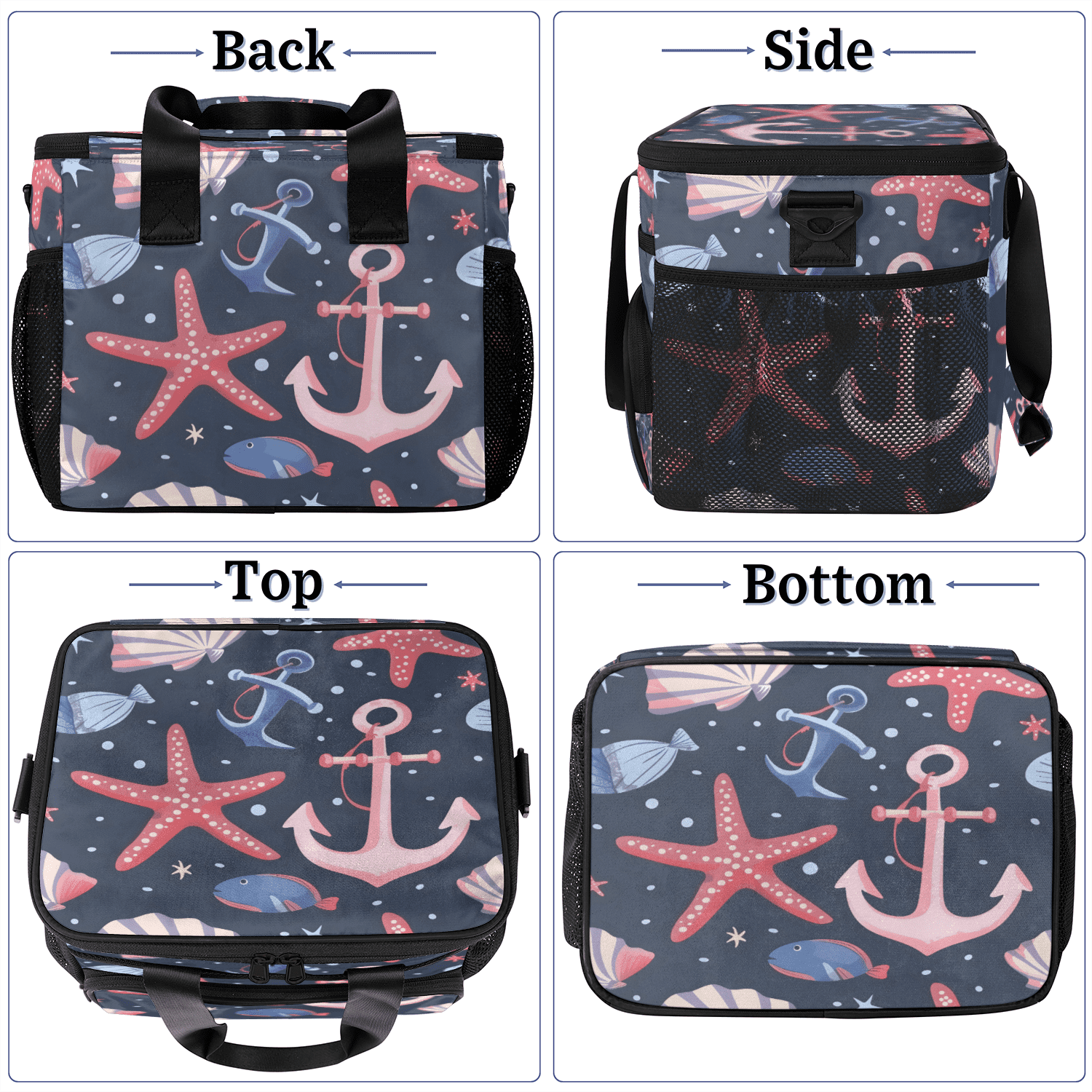 Herdesigns Nautical Starfish Shell Anchor Large Lunch Box for Adults Women Men with Adjustable Shoulder Strap, Insulated Reusable Lunch Bag Leakproof Cooler Tote Bag