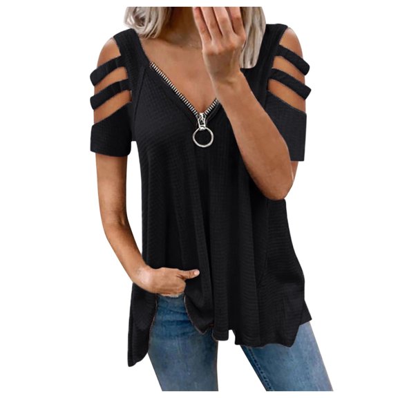 Fesfesfes Yoga Shirts for Womens Sexy V-neck Collar Zipper Color Short Sleeve Fold Casual Blouse Tops Womens Fashion 2024 XS(US:2)