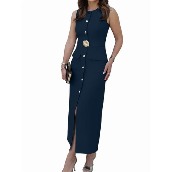Women Maxi Dress Sleeveless Bodycon Long Tank Dresses Elegant Button Down Workwear Dress Dark Blue S