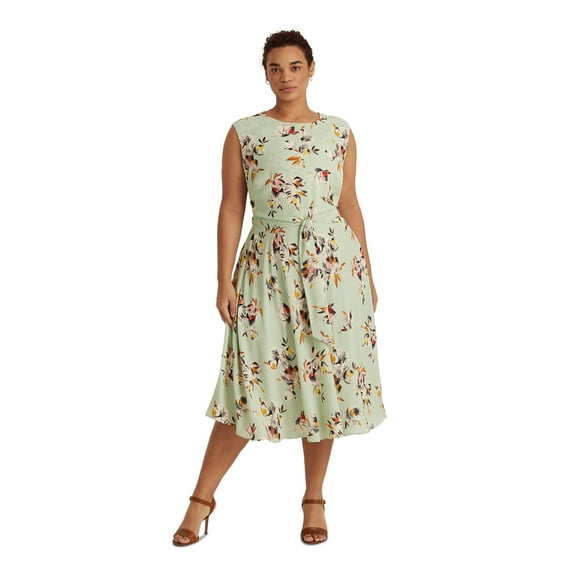 LAUREN RALPH LAUREN Womens Green Zippered Tie Waist Lined Printed Sleeveless Round Neck Below The Knee A-Line Dress Plus 18W
