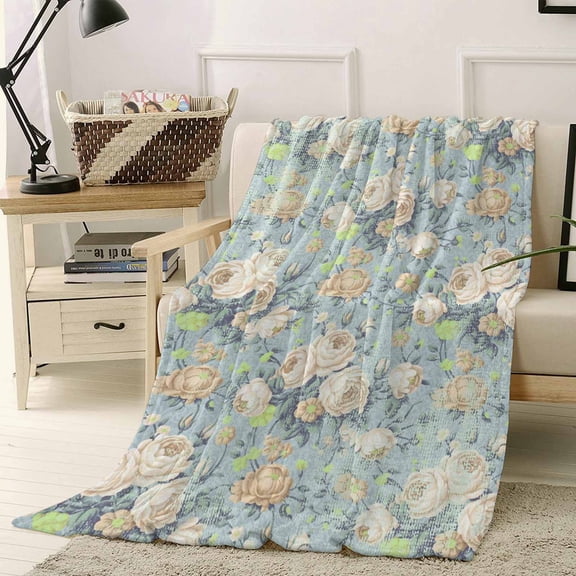 Retro Flowers Throw Flannel Blanket 40x50In Watercolor Camellia Blue Illustration Super Soft Cozy Bed Blanket, Lightweight Plush Fuzzy Bed Throw for Bedroom Sofa Couch Living Room