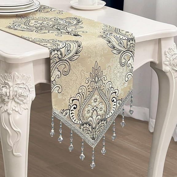 NPET Vintage Jacquard Table Runner with Beaded Tassels for Home Decor - 13×72 Inch