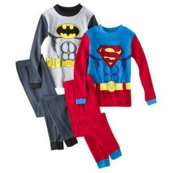 DC Comics Superman Batman Boy 4 PC Costume Tight Fit Long Sleeve Pajama Set Size 8