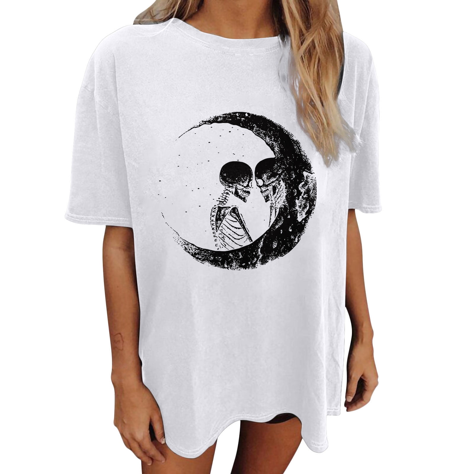 Vintage Oversized T Shirts Loose Short Sleeve Tops Teen Girls Moon Sun Skeleton Print Blouse Halloween T-Shirt 