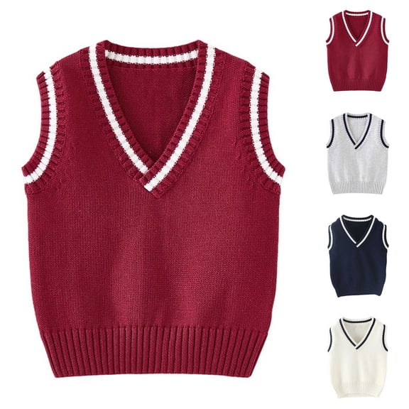 Boys' Girls' Cotton V Neck Sweater Vest with Striped Collar Ribbed Hem and Cuffs Stripe School Uniform Knit Years 1-15 Wine