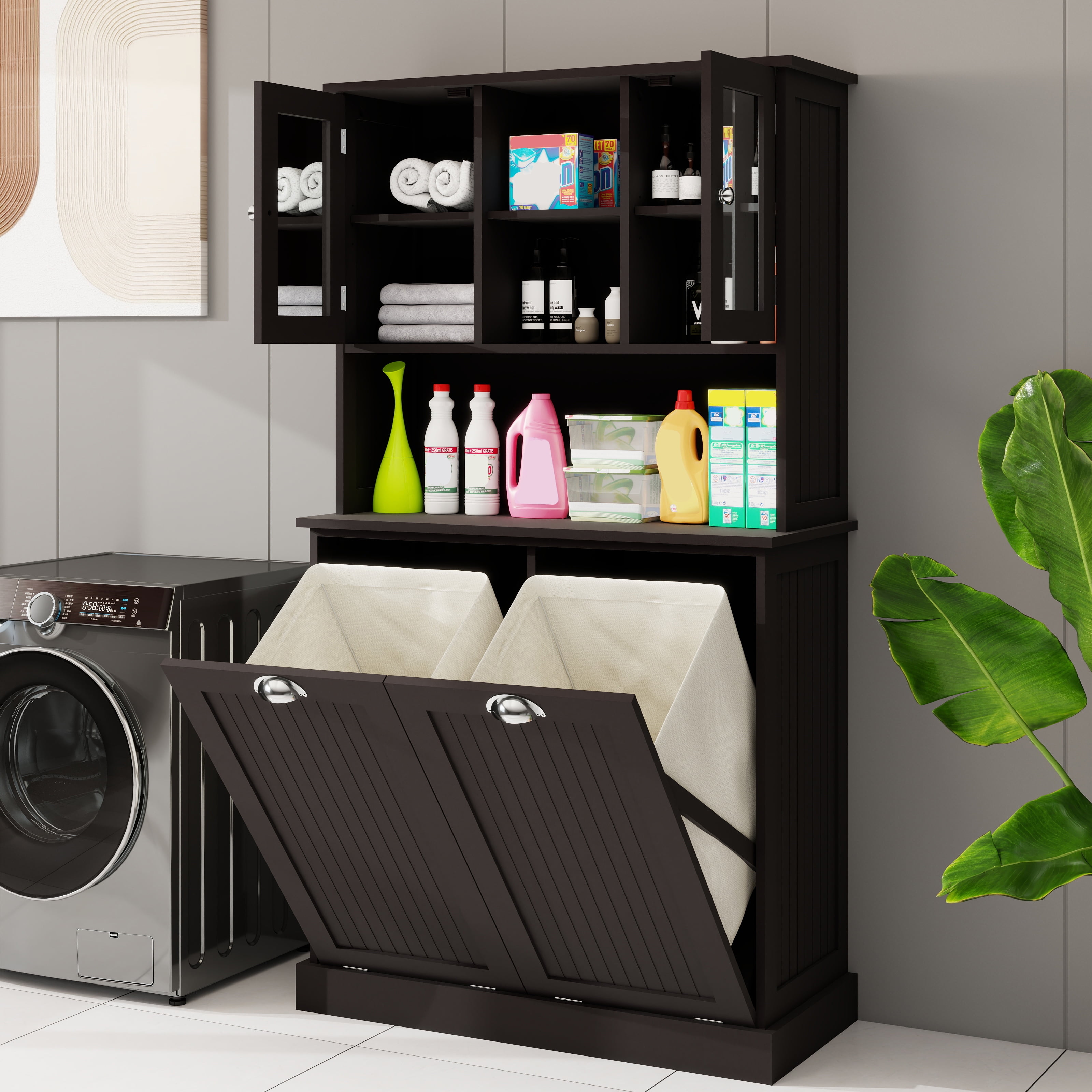 Mintazer Laundry Hamper Cabinet with 2 Compartment Tilt-Out Removable Laundry Baskets and Adjustable Shelves for Bathroom Laundry Room,Black
