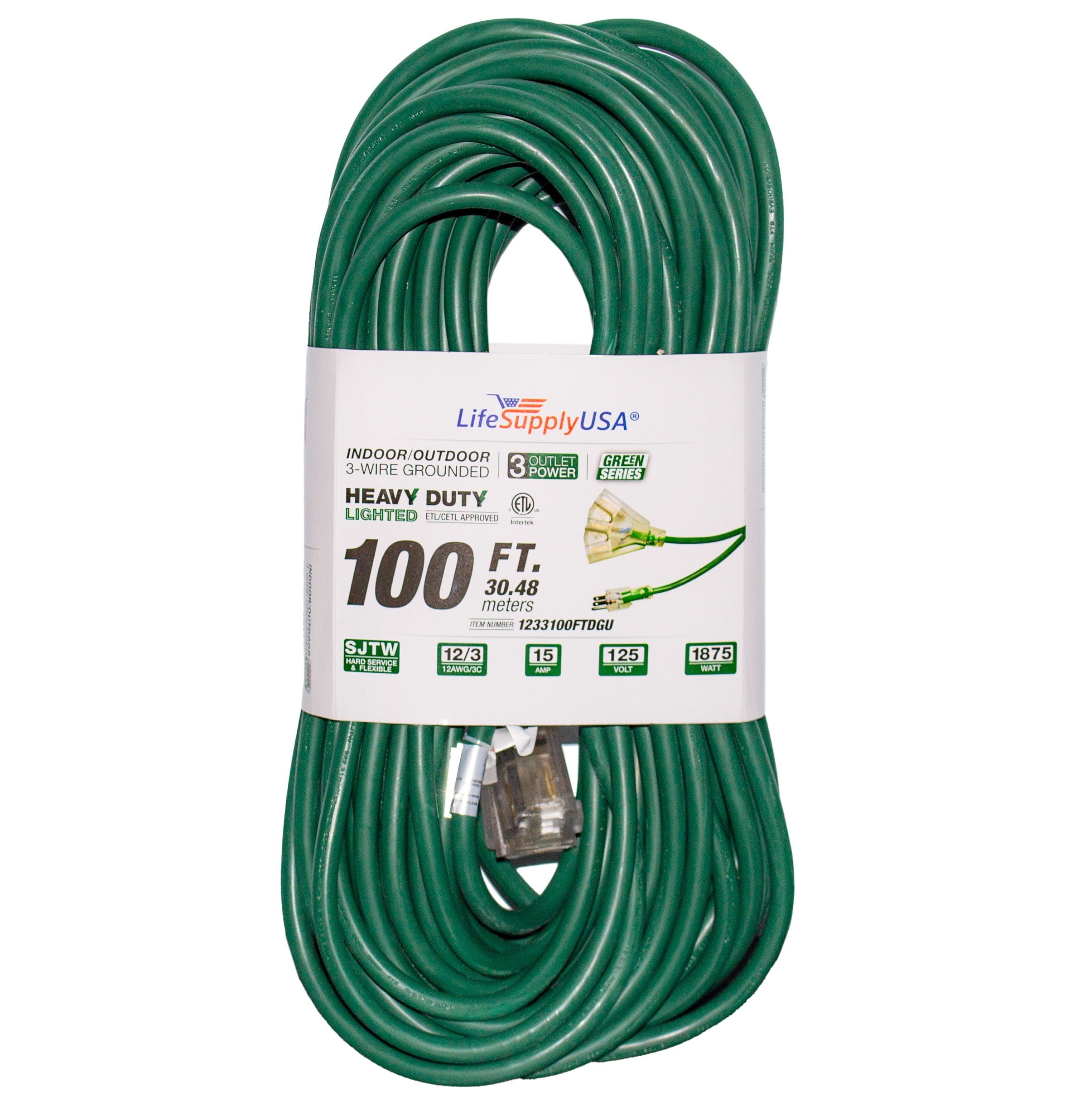 (2Pack) 100 ft Extension cord 12/ 3 3Outlet SJTW with Lighted end