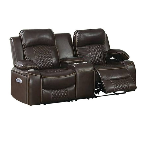 Benjara Seda 71 Inch Power Reclining Loveseat, Storage Console, Brown Faux Leather