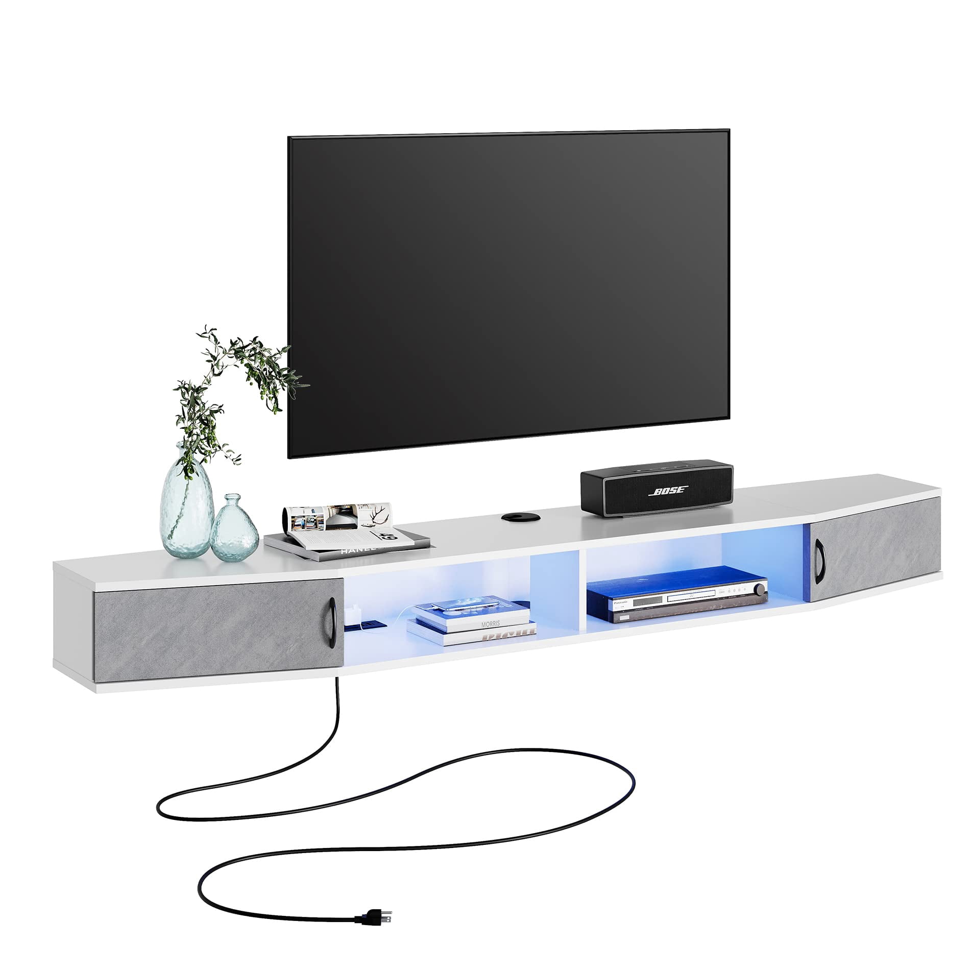 Floating TV Stand Wall Mounted Shelf with Blue LED Lights, Wood Media Console Entertainment Center Under TV, Cabinet Hutch Desk Storage for Home and Office,Black