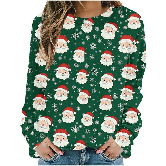 Craaazy Christmas Sweatshirts For Women Snowflake Printing Christmas Trees With Lights Printed Santa Graphic Long Sleeve Tops Gifts