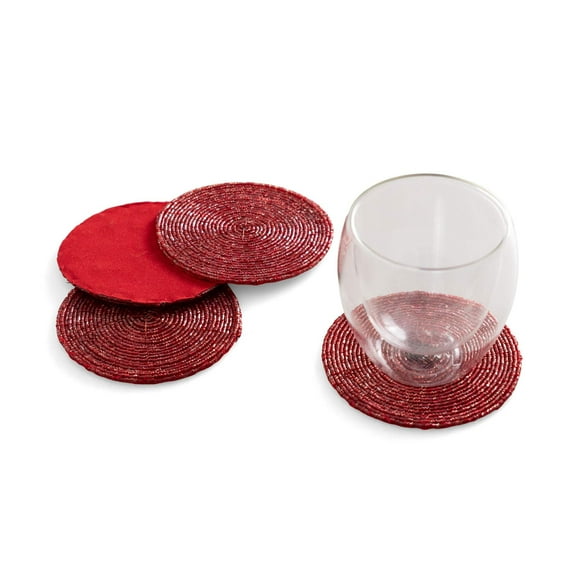 Glass Beaded Coaster in Red, Set of 4