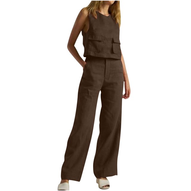 RKSTN Two Piece Set for Women Fashion V-neck Solid Color Sleeveless Tops and Loose Pockets Pants Outfits