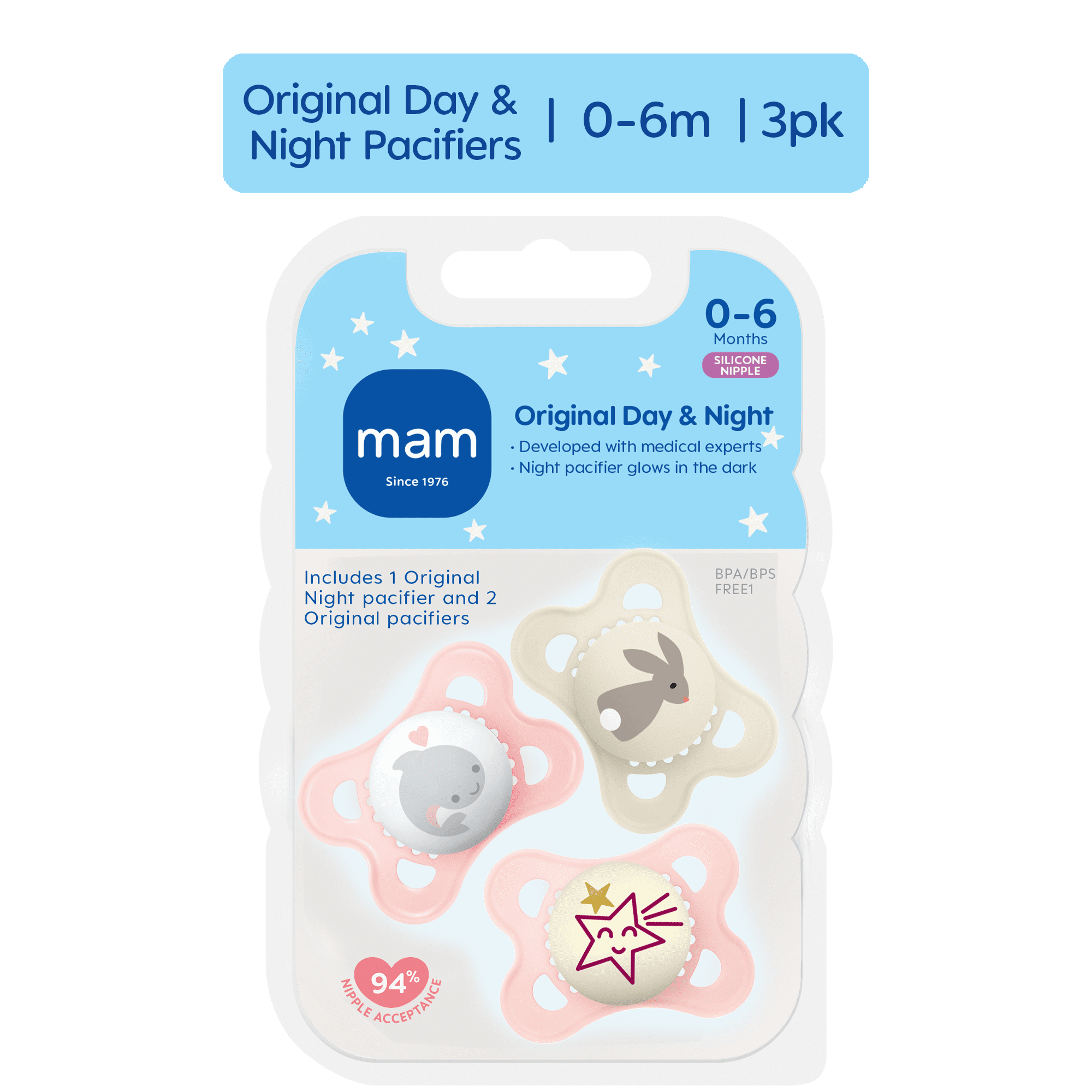 MAM Day & Night Pacifier, 0-6 Months, Girl, 3 pack