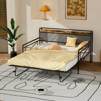 UBesGoo Metal Daybed Frame Full Size, Storage Upholstered Headboard with Charging Station, Daybed with Trundle for Living Room Bedroom Guest Room Gray