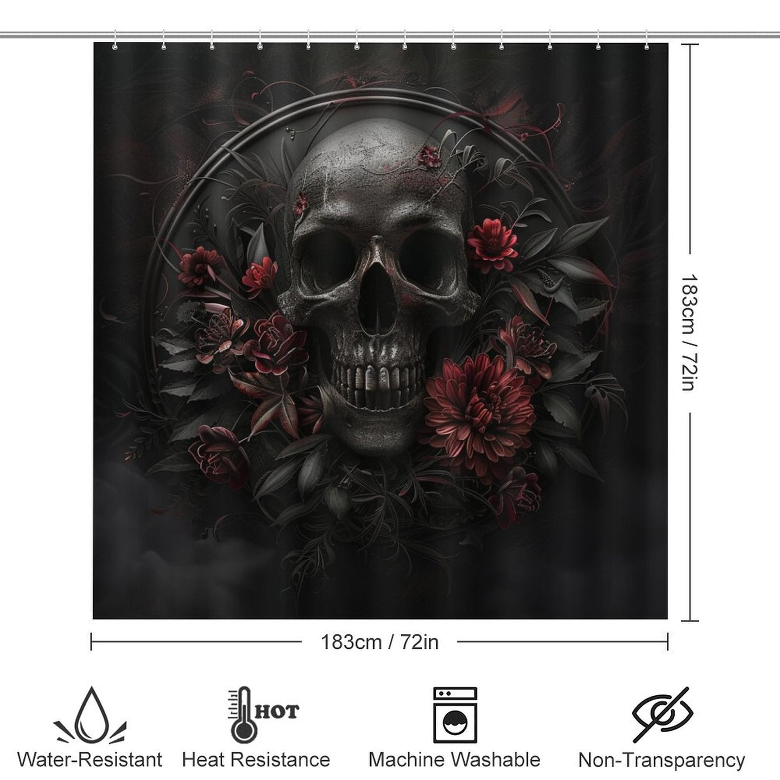 Dark Skull Flower 4 Pcs Bathroom Shower Curtain Set, Bathroom Sets with Rugs (Bath Mat, U Shape and Toilet Lid Cover Mat) and 12 Hooks,
